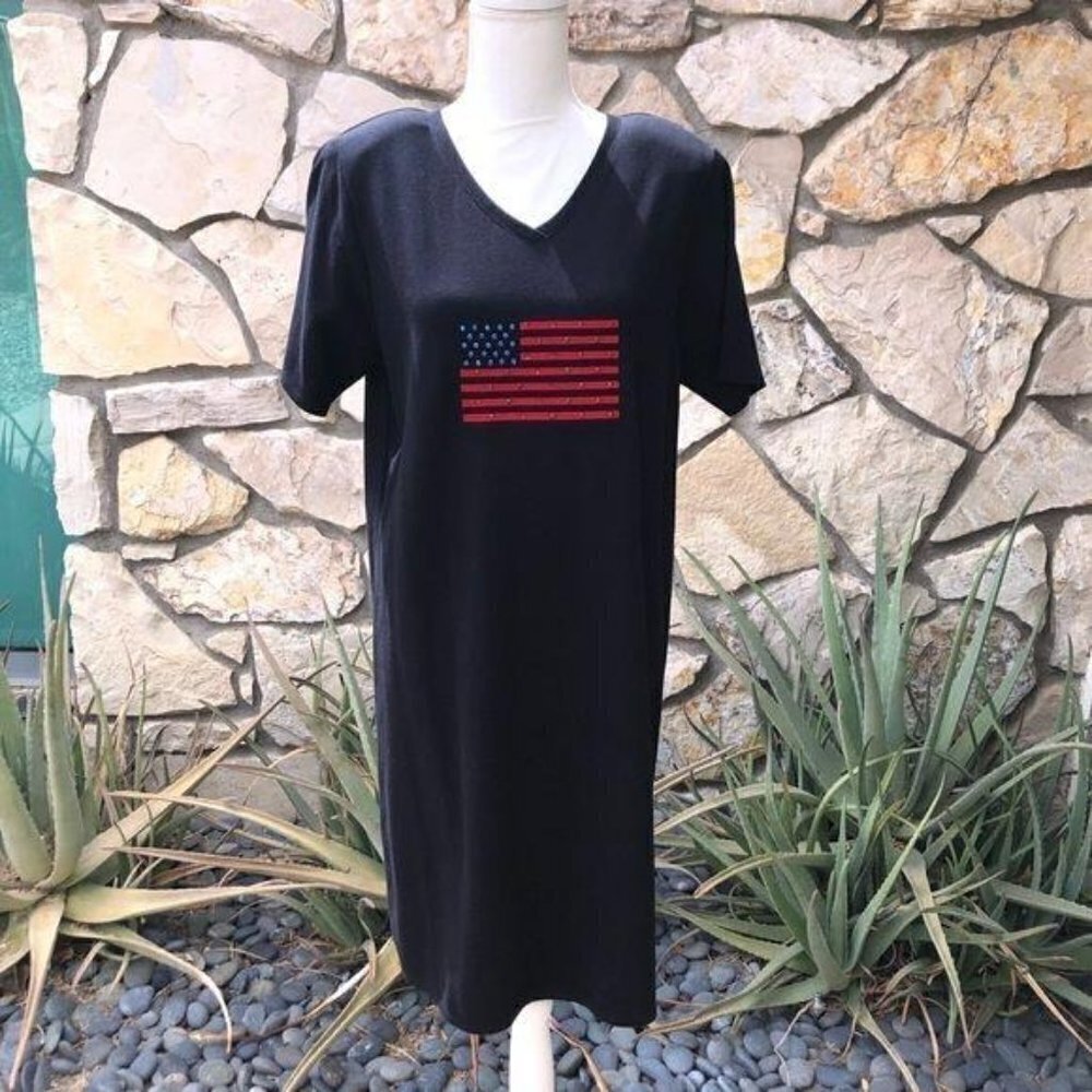 Richard T-Shirt Dress Large L Womens Vintage Black Embellished Flag Cotton NWT - Picture 11 of 11